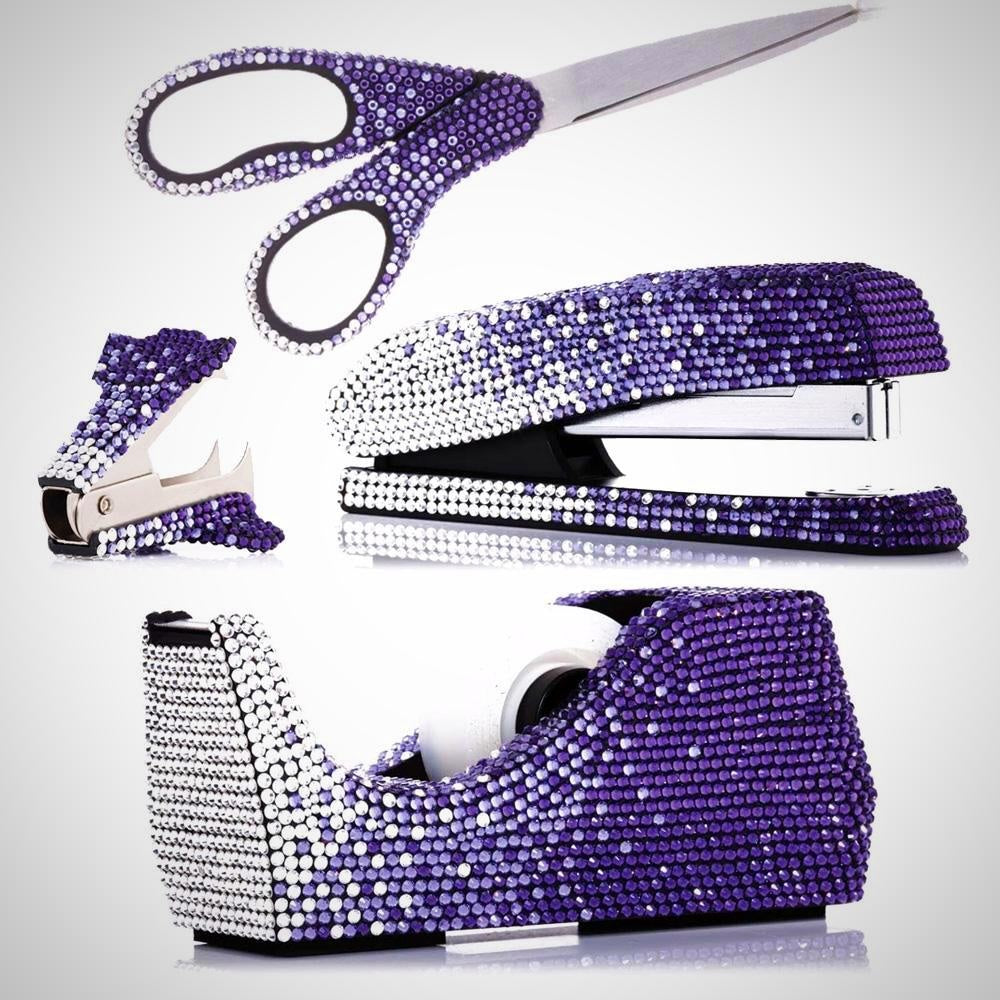 Set of office supplies including scissors, stapler, and tape dispenser covered in purple rhinestones